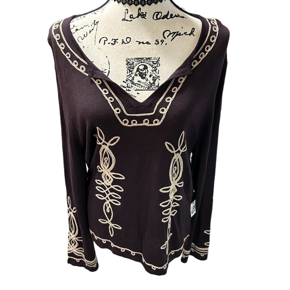 NWT Max Studio V Neck Brown Tunic with Embroidery Details Sz L/XL
